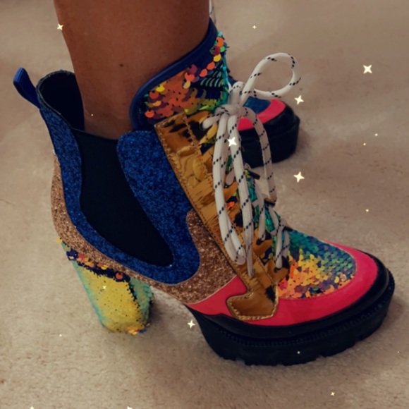 Sequin Combat Platform Heel Booties - Picture 10 of 15